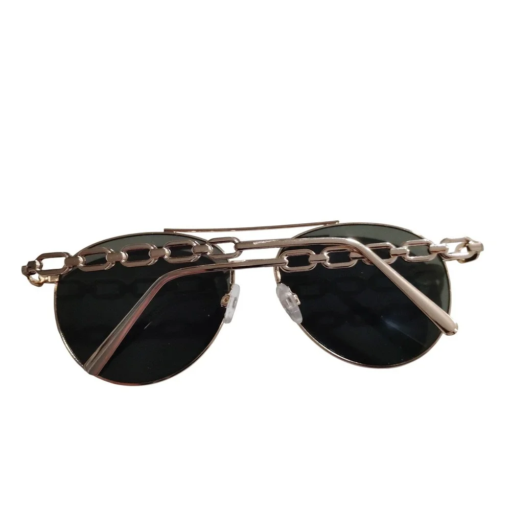 Gold Chain‎ Detail Oval Sunglasses Dark Lenses Aviator Style